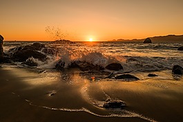 海,日落,海灘