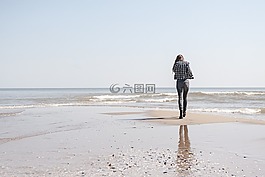 海灘,女子,走