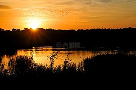 夕陽,湖,日落