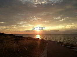 日落,云,水