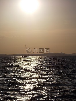 帆船,日落,海