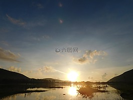 日出,丘陵,水
