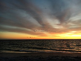 日落,海灘,日落海灘