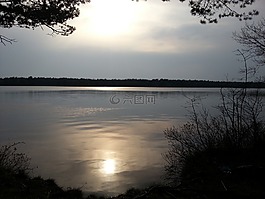 湖,地平線,日落