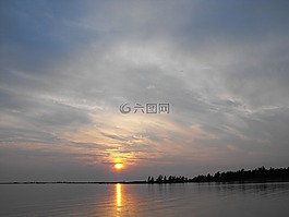 日落,云,湖