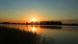 日落,湖,太陽