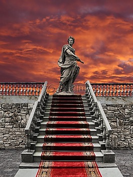 日落,樓梯,雕像