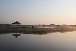 亭子,清晨,湖水
