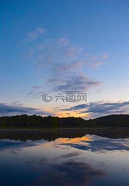 日落,湖,云