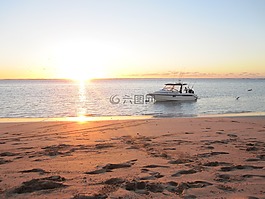 日落,海,船