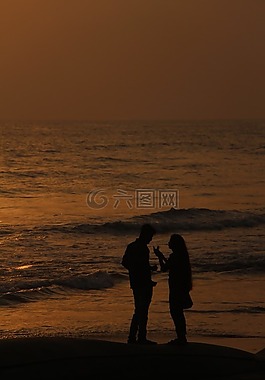 海,夫婦,日落
