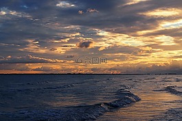 海灘,日落,云