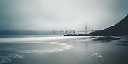 海灘,橋,霧