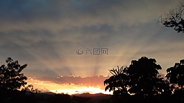 日落,山,光線