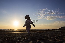 日落,海灘,女孩