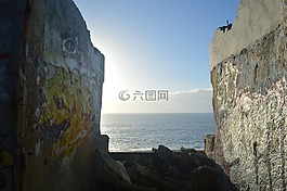墻上,海洋,地平線