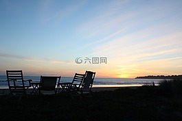 日落,椅子,海灘