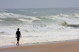海滩,男孩,走