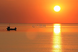 日落,海,船