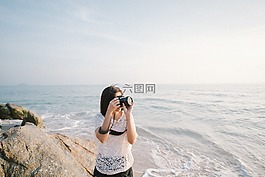 相機,海岸,女性