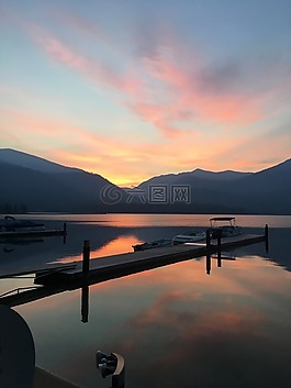 日出,湖,船