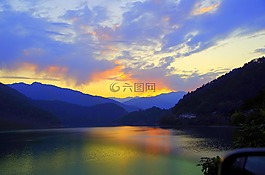 日落,日本,湖