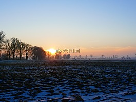 寒冬,日落,樹(shù)木
