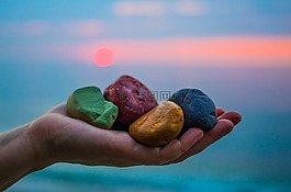 石頭,海灘,日落