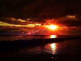 日落,海,光