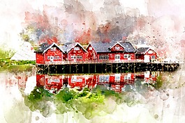 河,水彩,景觀