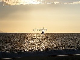 船,日落,水
