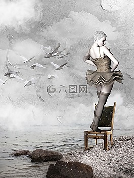 女子,椅子,海
