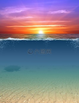 混合媒體,水下,日落