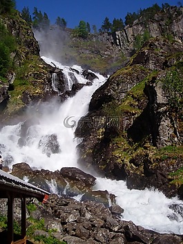 瀑布,挪威,山