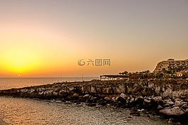日落,巖,海