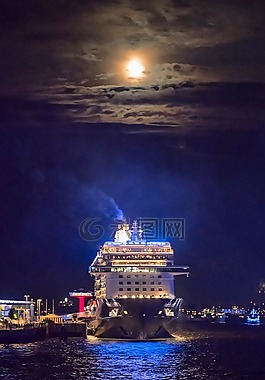 游輪,端口,夜