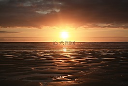 海灘日落,黃昏,海