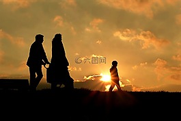 步行,家庭,太陽