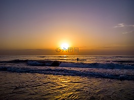 日出,海灘,漁