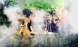 水彩,女孩,女性