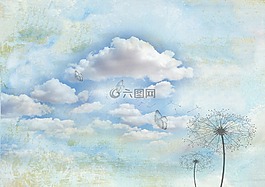 蝴蝶,蒲公英,云