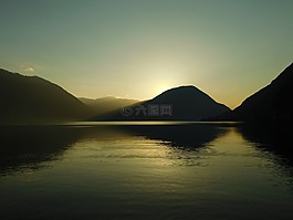 日落,湖,水