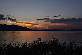 日落,夕陽,湖