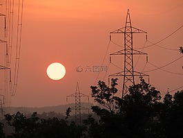日落,电力塔,希莫加