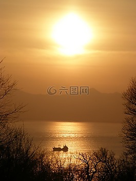 日落,晚上,灣