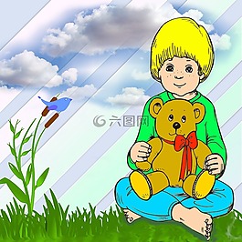 男孩,花園,云