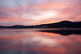 日落,山,湖