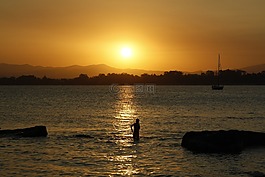海,日落,海灘