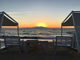 海灘,晚上,日落