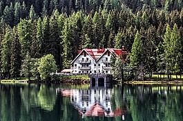 湖,小木屋,鏡像